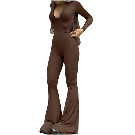 aidice Yoga Bodysuits for Women Athletic Zipper Long Sleeve High Neck Workout Flare Leggings Rompers