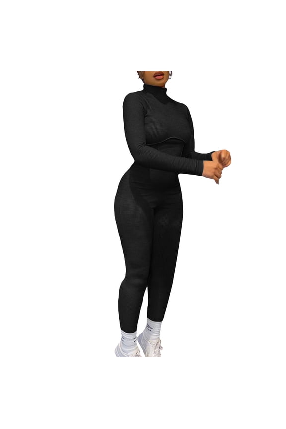 Yoga Bodysuits for Women Ribbed High Neck Long Sleeve Skinny Athletic Workout Leggings Jumpsuits