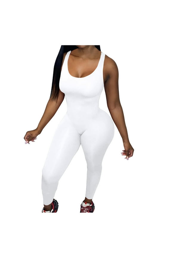 Yoga Bodysuits for Women Ribbed Scoop Sleeveless Summer Slim Fitting Workout Leggings Jumpsuits