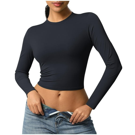 aidice Yoga Tops for Women Breathable Round Neck Stretch Long Sleeve Cropped Skinny Workout Shirts