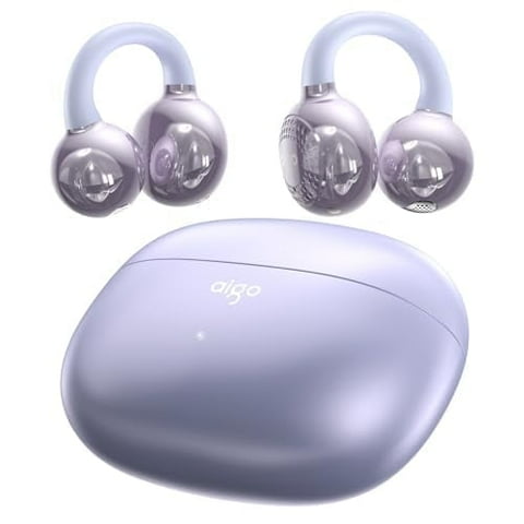 aigo CA05 Open Ear Earbuds Clip on Wireless Bluetooth 5.4 Headphones with Mic for iPhone,Android,Laptop,Enc Noise Reduction,50H Play,Waterproof Comfortable Wireless Earbuds Fit Sports Workout,Purple