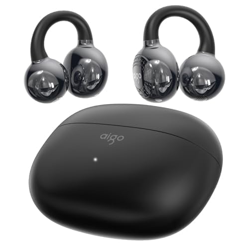 aigo CA05 Open Ear Earbuds Clip on Wireless Bluetooth 5.4 Headphones with Mic for iPhone,Android,Laptop,Enc Noise Reduction,50H Play,Waterproof Comfortable Wireless Earbuds Fit Sports Workout,Black