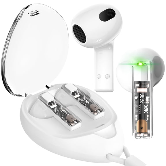 aigo True Wireless Earbuds with Transparent Case and Neck Lanyard, Bluetooth 5.4 Headphones with Touch Control, Water Resistant, 2 Mics for Clear Calls and Super Shine White Y201
