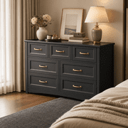 Aiho Extra-Wide 7-Drawer Wood Storage Dresser Chest, 47" Modern Cabinet Organizer with Safety Anti-Tip Hardware for Bedroom Living Room Hallway, Elegant Black F