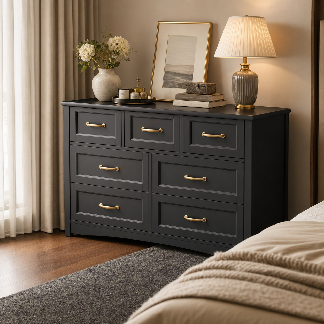 Aiho Country Style 7 Drawers Dresser White Chest Drawers Metal Handles Retro Oak Top 47 Wide Wooden Storage Organizer Bedroom Hallway Living Room: Before You Add to Cart