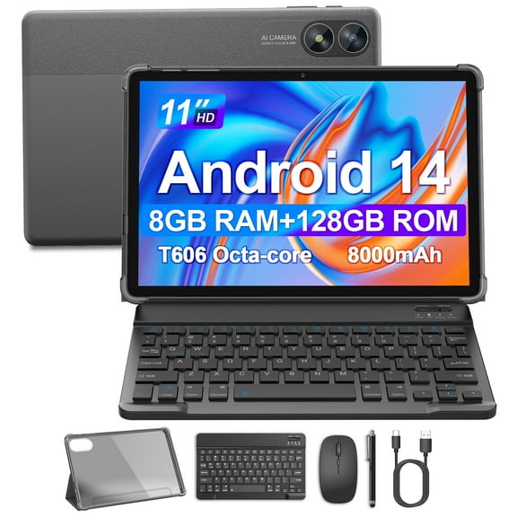 Tablet 11 inch, Android 14 Tablets, 8GB RAM 128GB ROM 1TB Expand Computer Tablets, Octa Core Processor 8000mAh Battery, 1280x800 IPS Touch Screen, 2+8MP Dual HD Camera, Bluetooth Wifi Tablet PC, Grey
