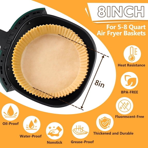 air fryer liners disposable, 125pcs non-stick disposable airfryer liners, 8 inch unbleached parchment paper, square air fryer paper liners for 5-8qt air fryer, baking, roasting microwave