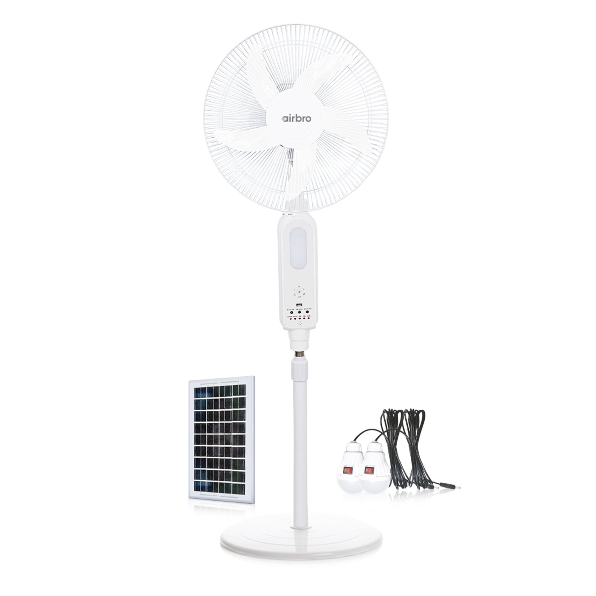 airbro 16-In. Portable Rechargeable 70° Oscillating Stand Fan with Power Bank, 3 Speed, 1,200 CFM, 5 Blades, LED, Max 20 Hours Run Time, Solar, Remote