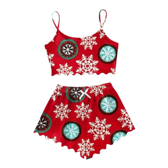 airplane travel split short pajama sets for women compact packable sleepwear Women's Christmas Snowflake Print Sleeveless Top & Shorts Pajama Set Cozy 2 Piece Wear