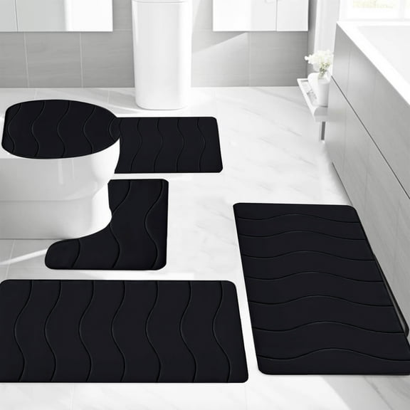 ajkijo 5-Piece Memory Foam Bath Mat Rug,Ultra Soft and Non-Slip Bathroom Rugs, Water Absorbent and Machine Washable Bath Rug for Bathroom, Shower, and Tub Black