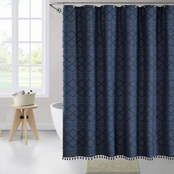 ajkijo Bohemian Solid Color Polyester Shower Curtain with Waterproof Design, Elegant Bathroom Decor Navy
