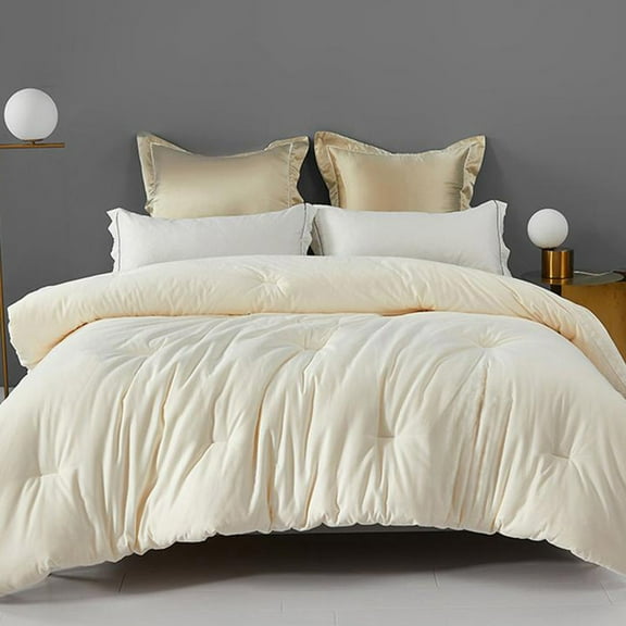 ajkijo Ultra-Soft Soybean Fiber Quilt with Light Beige Tone for All Seasons, Comfortable and Elegant Home Decor White