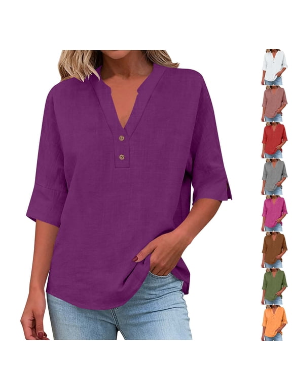 3/4 Sleeve Shirts for Women, Linen Tops, Women's V Notch Neck Half Button Tops Casual Summer Blouses, Size L
