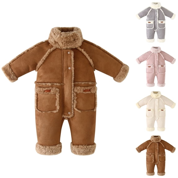 akafmk Baby Romper Winter Warm Fleece Lined Rompers Stand Collar Button Up Thickened Warm Outdoor One Piece Snowsuit, Size 9-12 Months