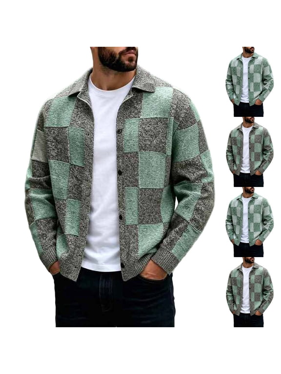 Cardigan Sweater for Men Collared Button Open Front Knit Sweater Jacket Plaid Patchwork Shacket Casual Fashion Fall Mens Clothes, Size L