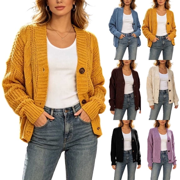 akafmk Cardigan Sweaters for Women Cable Knit Button Up Cardigan Long Sleeve Sweater Top Solid Color Fall Outfits, Size L