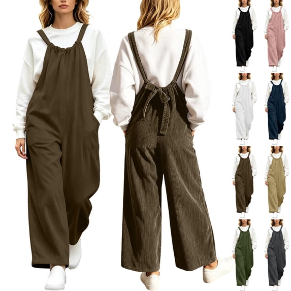 akafmk Corduroy Overalls for Women Adjustable Strap Wide Leg Jumpsuit Dressy Casual Long Pants with Pockets Fall Winter Outfits, Size S