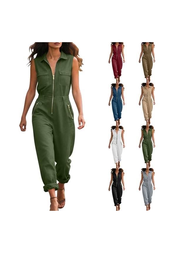 Dressy Formal Rompers for Women, Lapel Sleeveless Zipper Closure Pockets Long Pants Casual Daily Work Jumpsuits Overalls, Size M