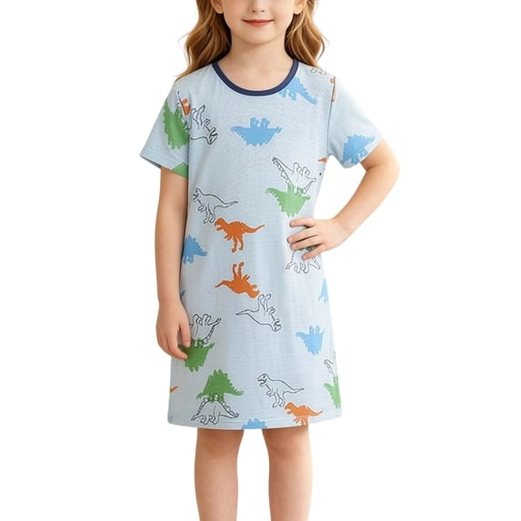 akafmk Girls Dresses Knit Short Sleeve T-Shirt Dress Cute Thin Breathable Sleepwear Loungewear Casual Summer House Dresses, 3-13 Years