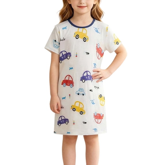 akafmk Girls Dresses Knit Short Sleeve T-Shirt Dress Cute Thin Breathable Sleepwear Loungewear Casual Summer House Dresses, 3-13 Years