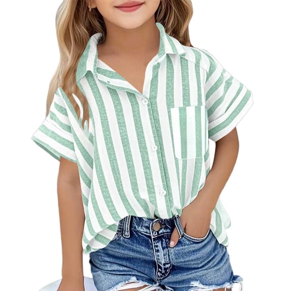 akafmk Girls Striped Linen Shirts Lapel Collar Short Sleeve Loose Summer Daily Shirts 5-15 Years