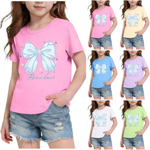 akafmk Girls Short Sleeve T-Shirts Cotton Graphic Tees Crewneck Soft Fashion Versatile Cute Summer Tops, 3-14Y