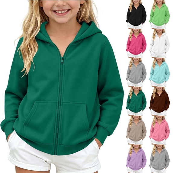 akafmk Girls Zip Up Hoodies Fleece-Lined Hooded Sweatshirt Solid Color Long Sleeve Casual Jacket Fall Winter Fashion Coat with Pockets