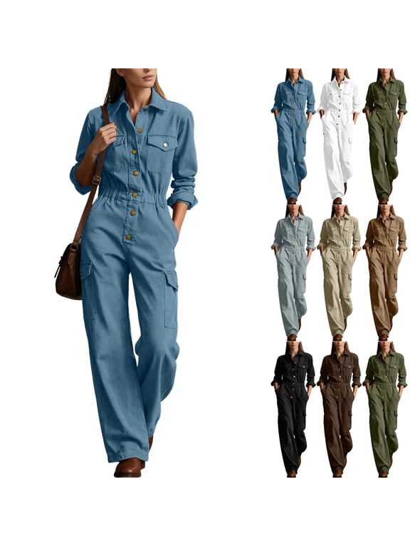 Jumpsuit for Women Dressy Long Sleeve Button Down Cargo Jumpsuits Collared Multi Pockets Workwear Fall One Piece Romper, Size 2XL