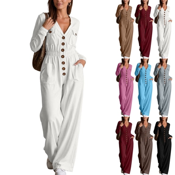 akafmk Jumpsuit for Women Dressy Long Sleeve Button Down Cargo Jumpsuits V-Neck Elastic Waist Wide Leg Romper Fall Winter Workwear, Size S