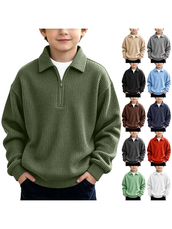 Kids Quarter Zip Pullover Sweatshirts Boys Waffle Knit Long Sleeve Shirts Collared Loose Casual Tops Fall Winter Clothes, 3-14Y