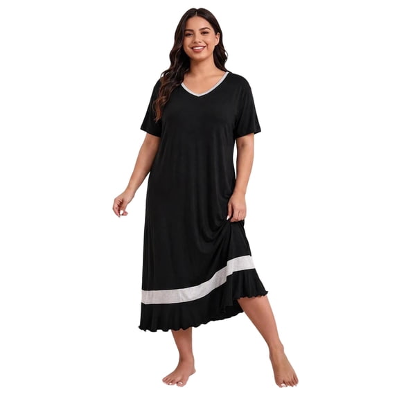 akafmk Long Nightgowns for Women Short Sleeve Sleep Dress Ruffle Hem Casual Fashion Soft Sleepwear Homewear House Dress, Sizes XL