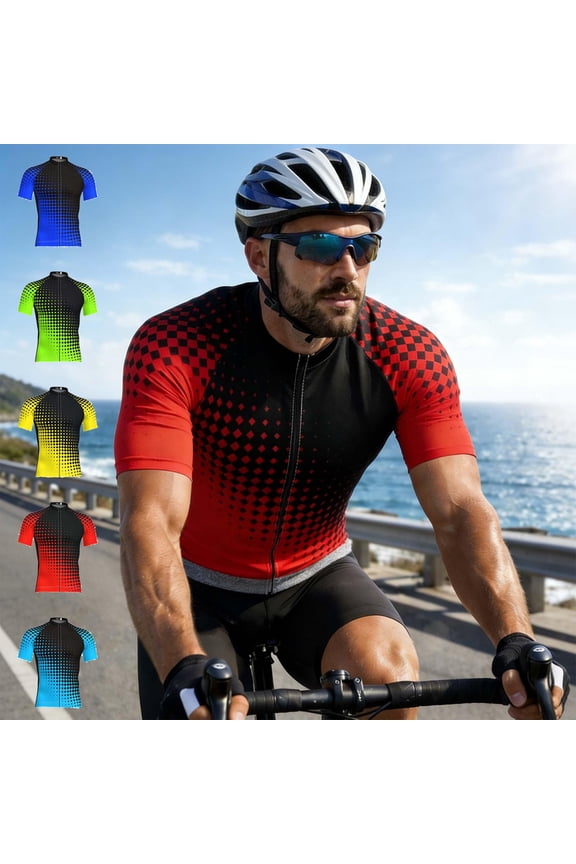 Mens Cycling Jersey Short Sleeve Bike Shirts Full Zip Gradient Print Quick Dry Sun Protection Shirt Riding Biking Tops, Size M