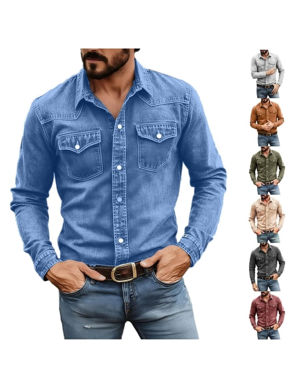 Mens Denim Western Shirts Long Sleeve Button Front Snap Shirt Solid Fashionable Casual Work Shrits, Size L