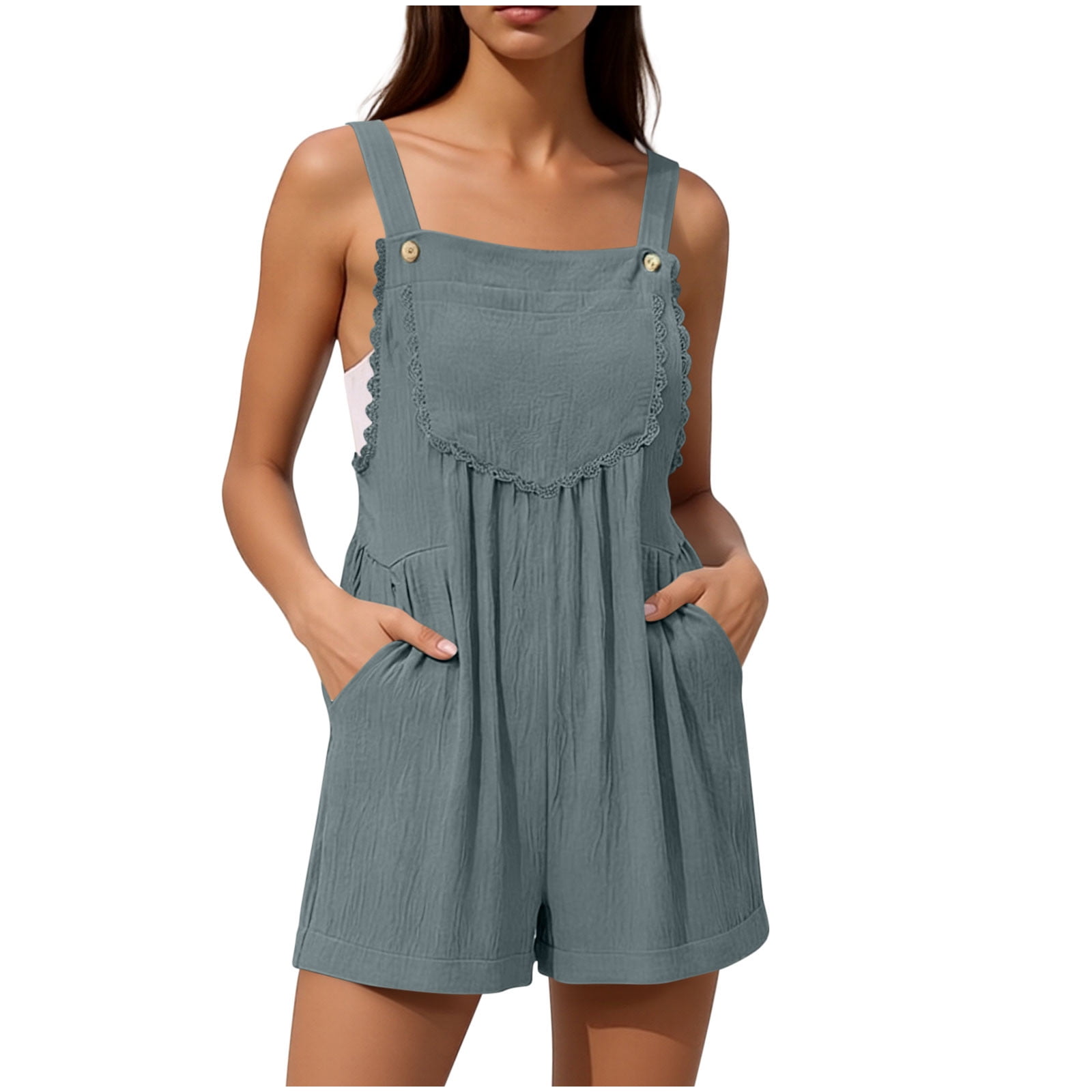 akafmk Overalls for Women Lace Bib Overall Sleeveless Short Romper with ...