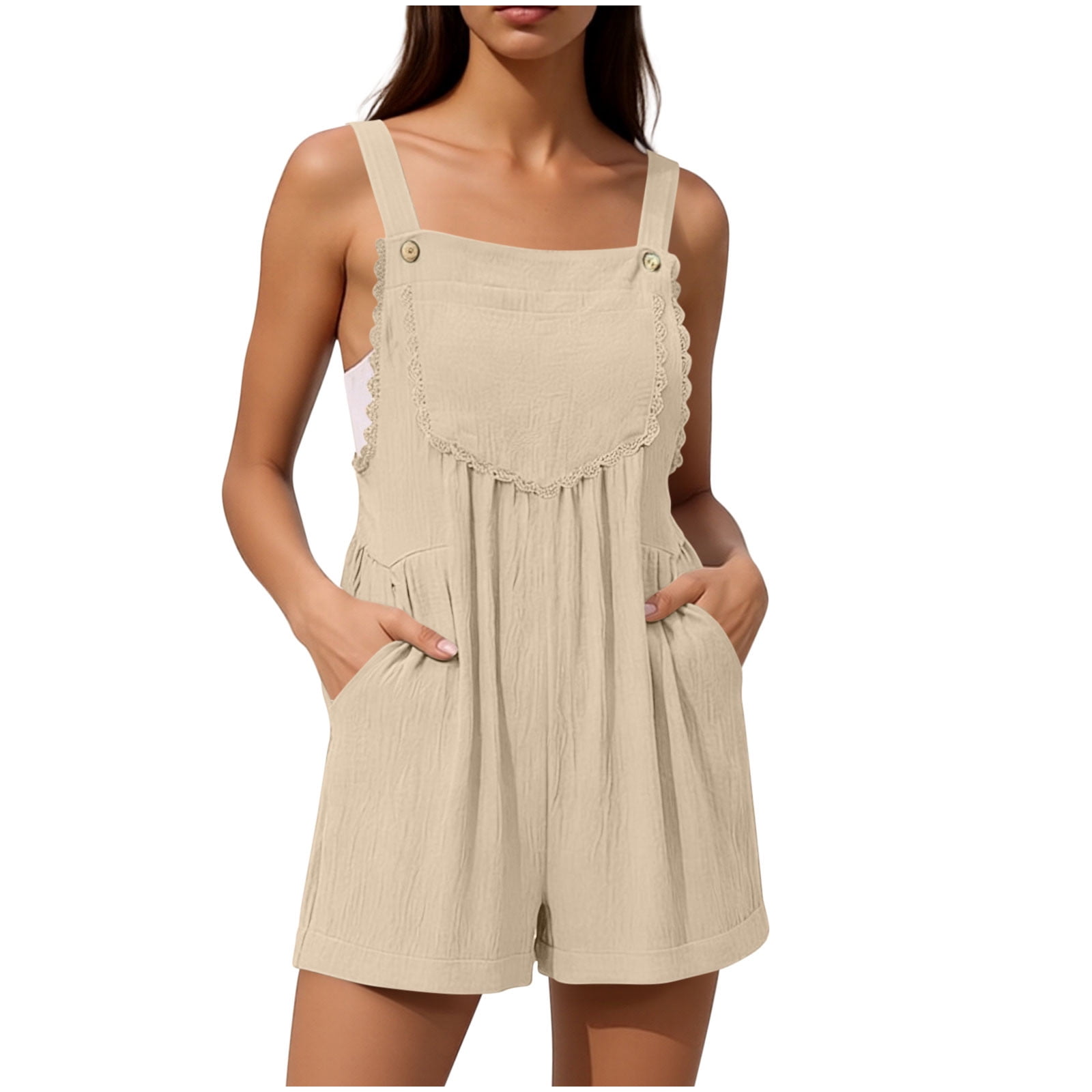 akafmk Overalls for Women Lace Bib Overall Sleeveless Short Romper with ...