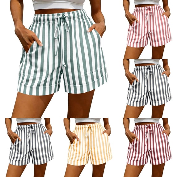 akafmk Plus Size Striped Beach Shorts for Women Loose Straight Leg Trendy with Pockets Shorts for Everyday Wear, Size S