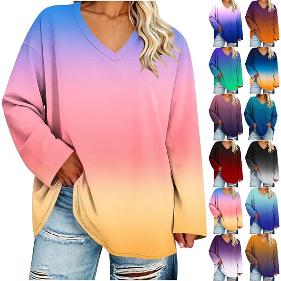 akafmk Plus Size Tops for Women V Neck Long Sleeve Oversized T-shirts Gradient Print Tunic Top Loose Fit Dressy Casual Shirt Fall Clothes, Size 5XL