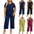 thumbnail image 1 of akafmk Plus Size Womens 2 Piece Sets Summer Outfits V Neck Short Sleeve T-Shirts and Wide-Leg Pants Matching Loungewear Set Sleepwear Soft Fashions Clothes, 1 of 7