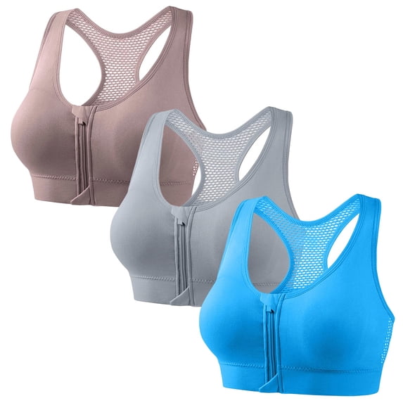 akafmk Plus Size Womens Zip Front Sports Bras 3-Pack Breathable Workout Sports Running Tank Bras