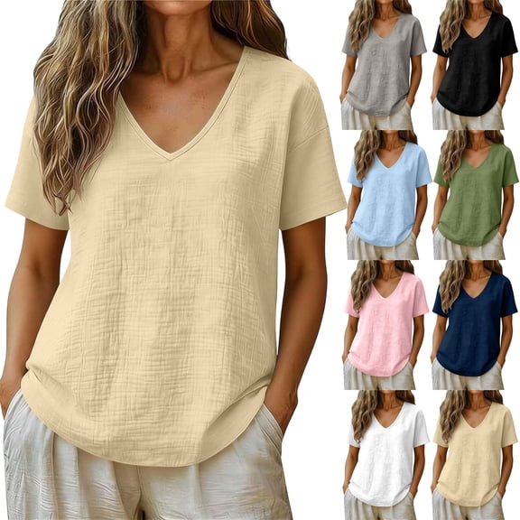 akafmk Short Sleeve Shirts for Women, Summer Tops, Women's V Neck Tops Casual Textured Cotton T-Shirts, Size XL