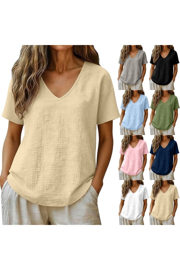 Short Sleeve Shirts for Women, Summer Tops, Women's V Neck Tops Casual Textured Cotton T-Shirts, Size XL