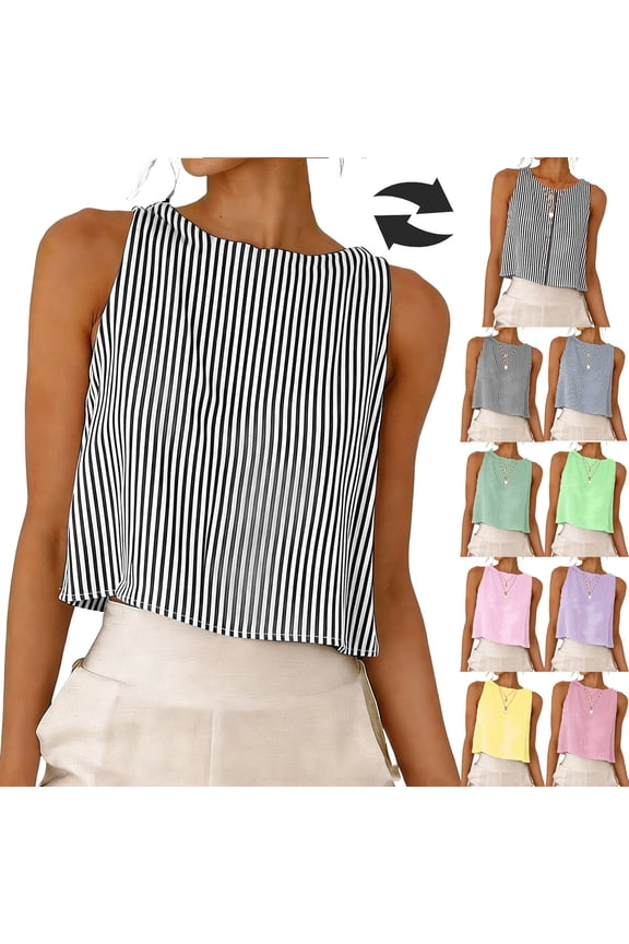 Sleeveless Tops for Women, Linen Shirts, Women's Round Neck Striped Cropped Tops Casual Summer Cotton Blouses, Size S