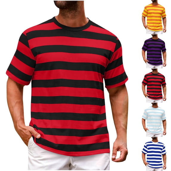 akafmk Summer Men's Cotton Striped T-Shirt Crew Neck Short Sleeve Basic Casual Tops