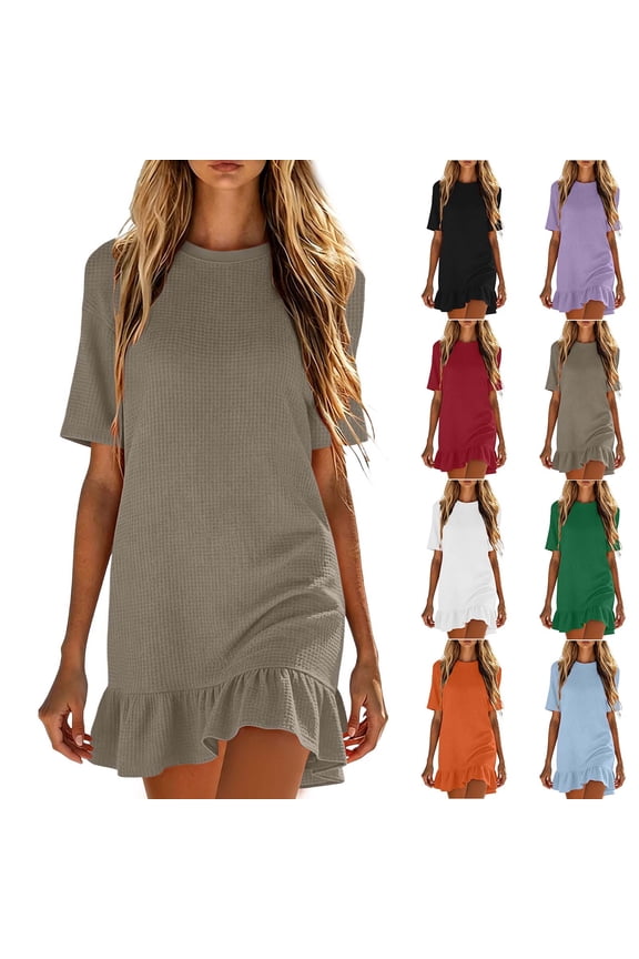 Summer Womens Dresses Waffle Knit Short Sleeve Mini Dress Crew Neck Ruffle Hem Slim Fashion Short Cute Dresses, Size S