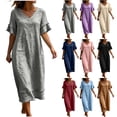 thumbnail image 1 of akafmk Summer Womens Linen Dresses V Neck Ruffle Short Sleeve Maxi Dress Loose Solid Color Casual Vacation Dress, Size L, 1 of 7