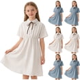 thumbnail image 1 of akafmk Teen Girls Graduation Dresses Lapel Short Sleeve Button Bow Ties High Waist Preppy Dresses 7-16 Years, 1 of 7