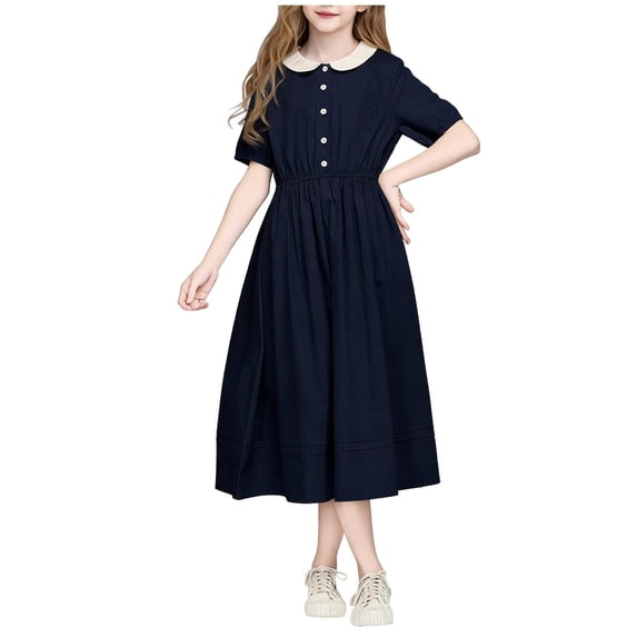 akafmk Teen Girls Preppy Dresses Doll Collar Short Sleeve Button High Waist Casual Dresses 7-16 Years