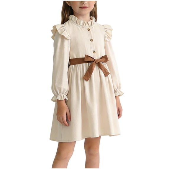 akafmk Toddler Girls Dresses Long Sleeve Tiered A-Line Sundress Ruffle Shoulder Belted Waist Versatile Princess Party Vacation Casual Fall Dress, 2-8 Years