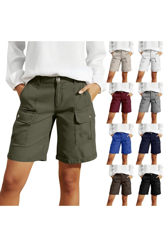 Women's 6" Cargo Bermuda Shorts Button Rolled Cuff Elastic Waist Trendy Summer Shorts