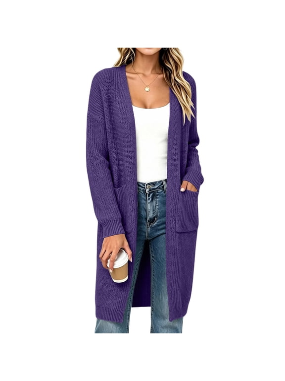 Women's Long Cardigan Sweater Open Front Ribbed Knit Long Sleeve Duster with Front Pockets Casual Fall Winter Layering Outerwear